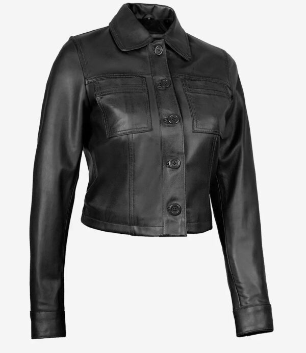 Mable Women's Black Cropped Harrington Leather Jacket - Image 4