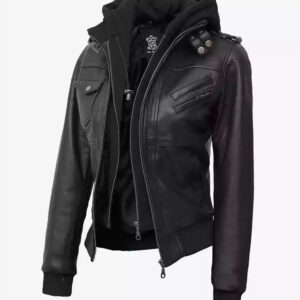 Edinburgh Women's Bomber Black Leather Jacket with Removable Hood