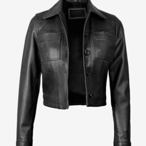 Mable Women's Black Cropped Harrington Leather Jacket