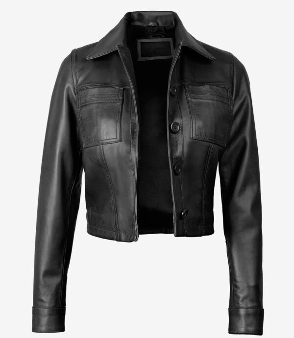 Mable Women's Black Cropped Harrington Leather Jacket