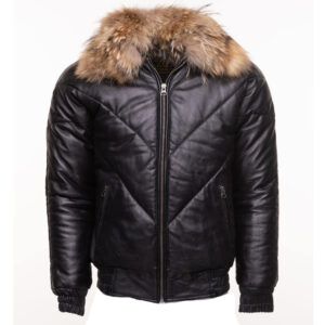 BlackV-BomberstylePufferWinterLeatherJacketwithfurcollar-1